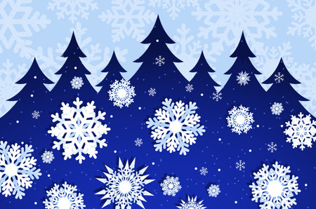 Navy blue winter snowflakes background with paper cut pine tree shape. Christmas backdrop with copy space.のイラスト素材