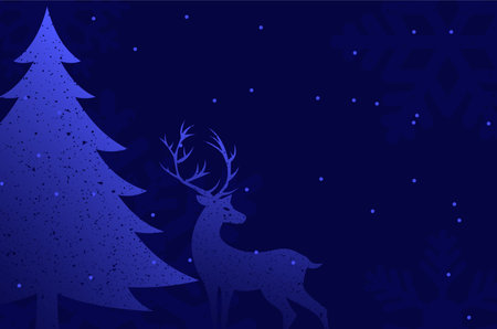 Winter night sky snowflake landscape background. Pine tree and deer illustration. Glowing snowflakes on dark blue back. Christmas backdrop with copy space.のイラスト素材