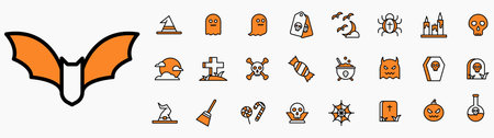 Halloween icon set. Containing potion, bat, skul, ghost and more. Solid black icons collection.のイラスト素材