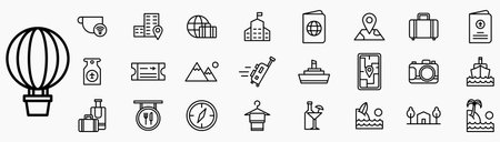 Holiday travel icon set. Containing cafe with free wifi, location, world tour and travel, destination map, beach and sea and more. Line black icon set.のイラスト素材