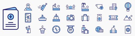 Holiday travel icon set. Containing cafe with free wifi, location, world tour and travel, destination map, beach and sea and more. Solid Line blue icon set.のイラスト素材