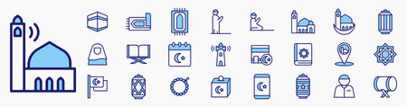 Islamic Ramadan Icon set. Containing kabah, prayer mat, mosque, ramadan lantern, azan, quran, islamic ornament, bedug, prayer beads and more. Icon collection Solid line blue.のイラスト素材