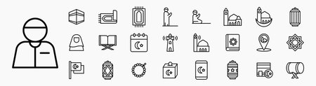 Islamic Ramadan Icon set. Containing kabah, prayer mat, mosque, ramadan lantern, azan, quran, islamic ornament, bedug, prayer beads and more. Icon collection outline black.のイラスト素材