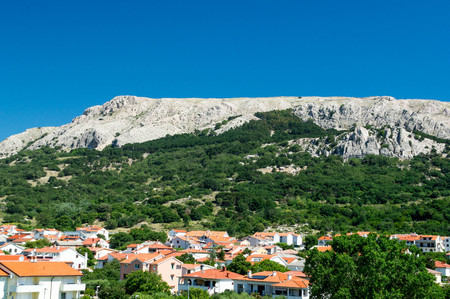 Hill side with trees and holiday housesの写真素材