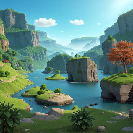 Fantasy landscape with river and mountains. 3d render illustration.の素材