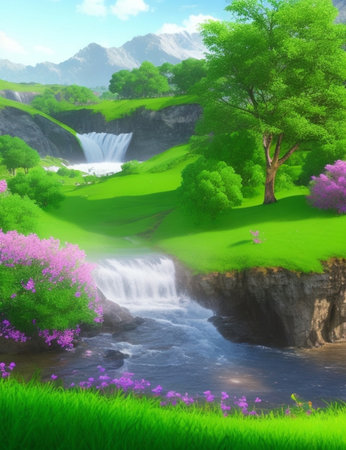 Fantasy landscape with waterfall, grass and flowers. Digital painting.の素材