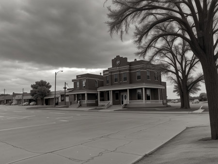 A black and white image of a row of houses in a small townの素材