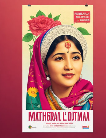 Indian woman with traditional dress and hat showing social media post on red background