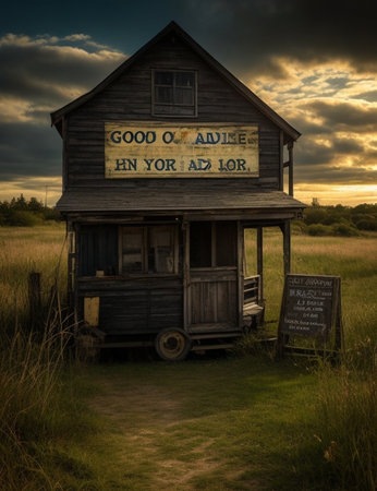Old wooden house in a field at sunset with a signの写真素材