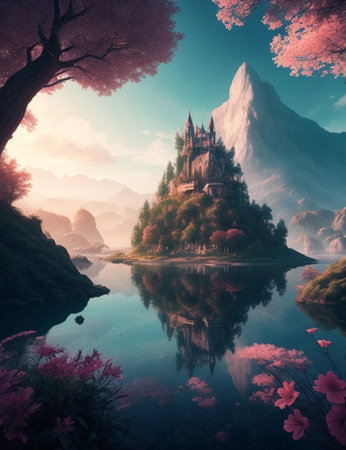 Magic castle on the lake with pink flowers. Fantasy landscape. Digital painting.の写真素材