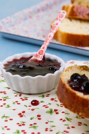 Homemade bread with jam on the tableの写真素材