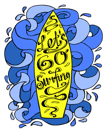 A hand drawn colorful illustration of a surfboard with waves and letteringのイラスト素材