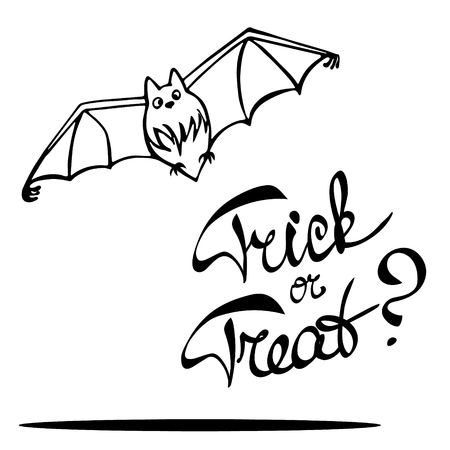 Laconic Halloween card with a cute bat and hand drawn lettering "Trick or treat". Black and white illustration isolated on white.のイラスト素材