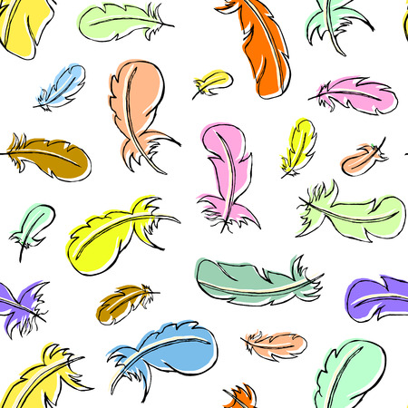 Colored bright seamless pattern with feathers. Hand drawn style illustration.のイラスト素材