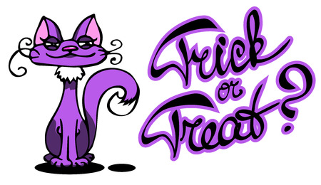 Halloween card with a cute cat and hand drawn lettering "Trick or treat".のイラスト素材