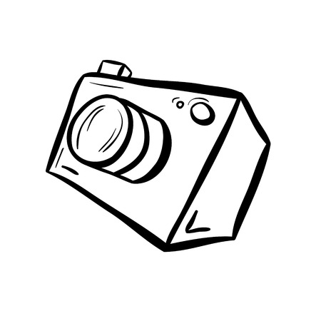Illustration of a camera. Take a photo, take a picture. Simple line style drawing. Black on white background.のイラスト素材
