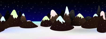 Beautiful flat landscape of a mountain chain. Snowy night. Seamless banner for web, header design. Vector illustration.のイラスト素材