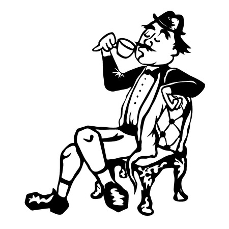 Englishman drinking tea from a little teacup and extend his pinky finger. Monochrome isolated hand drawn vector illustration.のイラスト素材