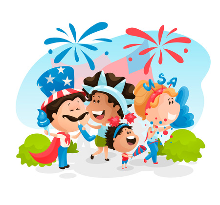 People at the Independence Day parade. Vector illustration in flat cartoon style.のイラスト素材