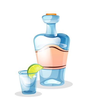 Tequila bottle and tequila shot with a limeのイラスト素材