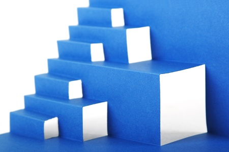 abstract blue paper composition with stairs and cutout squaresの写真素材