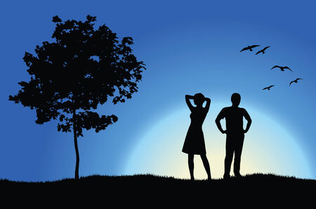 man and girl standing on hill near tree, blue backgroundのイラスト素材