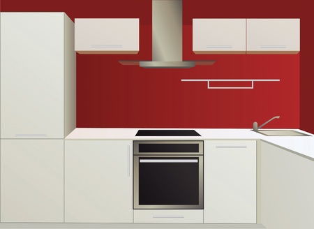 white and red kitchen with household appliances, vectorのイラスト素材