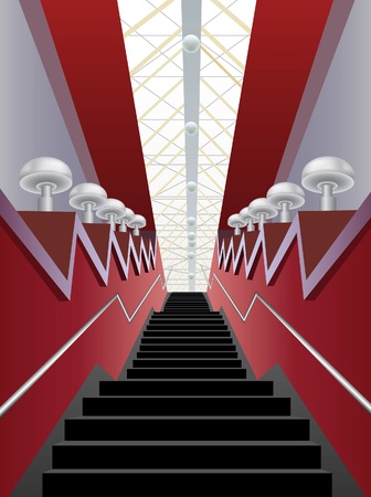 red interior corridor with black stairs and lamps, vectorのイラスト素材