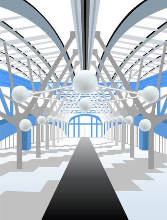 white modern interior of corridor with black rug strip and sphere lamps, vectorのイラスト素材