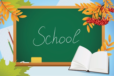 school autumn background with blackboard, book and yellow leves, vectorのイラスト素材