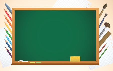 school background with blackboard, pens and pencils, vectorのイラスト素材