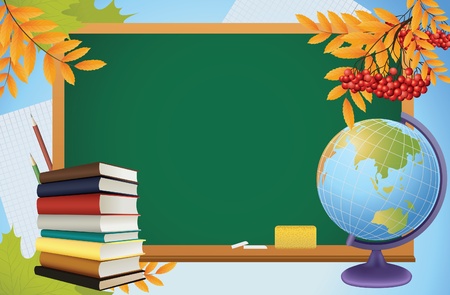 school autumn background with blackboard, globe, books and yellow leves, vectorのイラスト素材