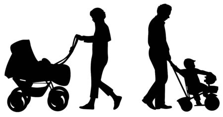 parents with baby in carriage silhouette vector のイラスト素材