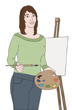 young artist girl near easel, vectorのイラスト素材