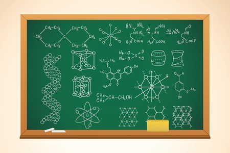 chemistry school background with blackboard and symbols on it, vectorのイラスト素材