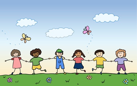 happy children holding for hands on summer field vectorのイラスト素材