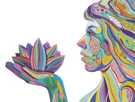 woman with lotus flower, bright ornate pattern vectorのイラスト素材