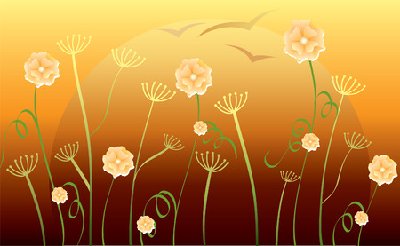 abstract background with flowers, sunset and birds, vectorのイラスト素材