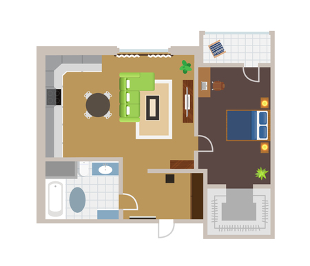 Flat project with furniture, vector, view from aboveのイラスト素材