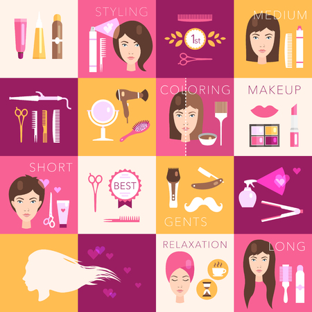 Hairdressing flat symbols vector colorful background setのイラスト素材