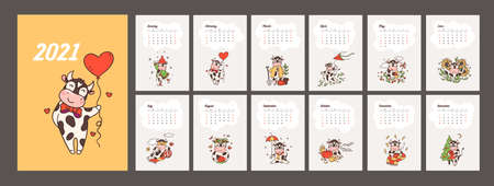 2021 calendar design. Cute bull character vector templateのイラスト素材