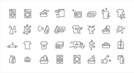 Laundry service thin vector set, housework outline templateのイラスト素材