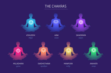 Chakras energy lotus pose human vector setのイラスト素材