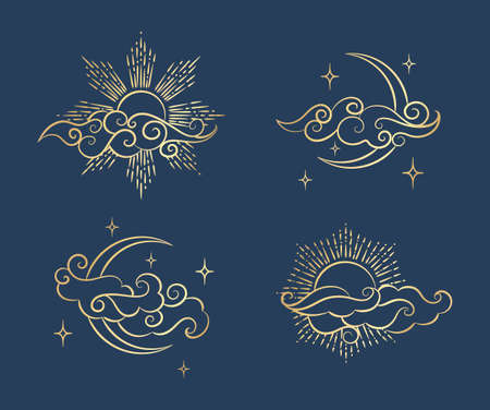Antique style sun and crescent moon. Boho chic tattoo design vector illustrationのイラスト素材