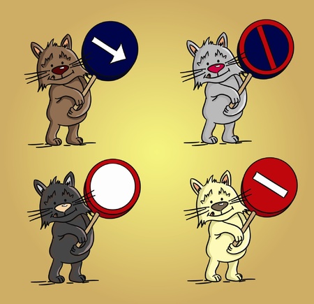 Four cartoon cats with traffic signs のイラスト素材