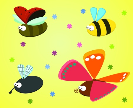 Set of funny insect - fly, ladybug, bee, butterfly  のイラスト素材