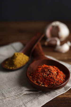 Fragrant seasonings and spices on wooden spoon. Stock Image.の写真素材