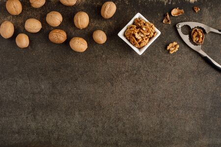 frame made of walnut on stone background. Top view. Copy spaceの写真素材