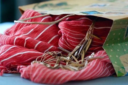 Shopping bag with red scarf and brown beads
