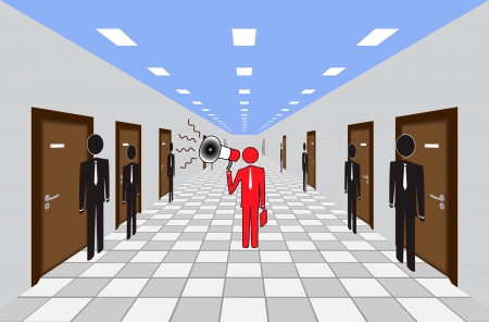 Manager holding a megaphone in his hand and announces important news  Employees stand in front of the office in the hallway のイラスト素材